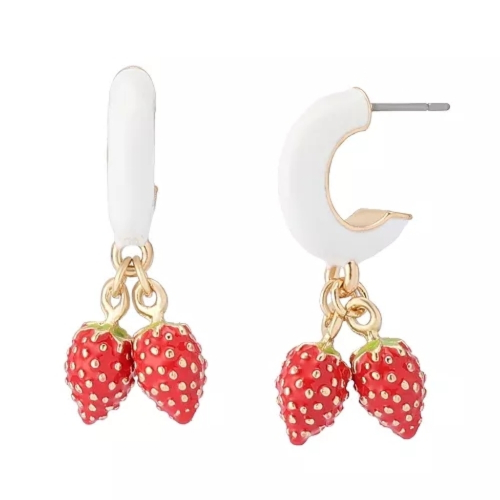 Betsey Johnson White Hoop Earrings with Red Strawberry Drops